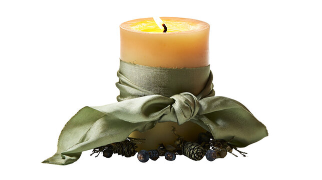 Lit yellow candle with green ribbon and pine cones, isolated on transparent background