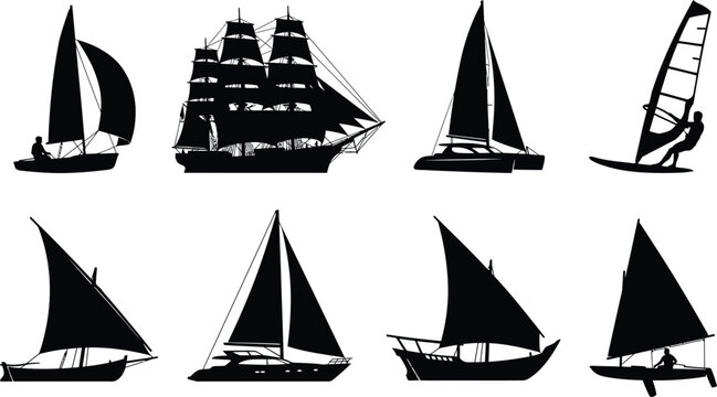 Vector silhouette set of different sailing boats, ships, yachts, and windsurfer isolated on white background