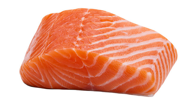 Fresh raw salmon fillet with white fat lines, isolated on transparent background
