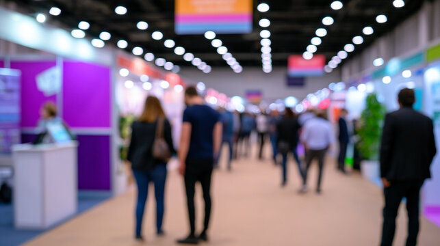 Blurred franchise exhibition with business opportunity stands and entrepreneurs networking