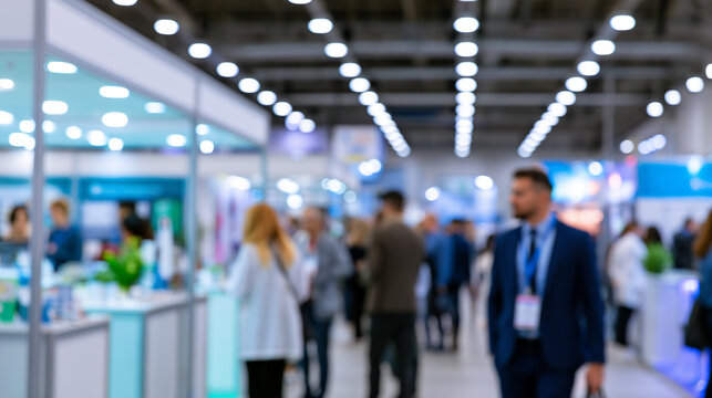Blurred image of a healthcare conference with medical exhibition stands and networking professionals