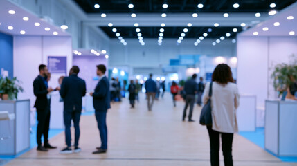 Fototapeta premium Defocused Business Innovation Fair with Blurred Exhibition Booths and Entrepreneurs in Bright Conference Hall