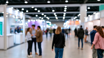 Fototapeta premium Defocused Business Innovation Fair with Blurred Exhibition Booths and Entrepreneurs in Bright Conference Hall