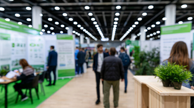 Defocused Sustainability Conference with Environmental Exhibition Booths and Blurred People Walking