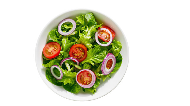 Fresh green lettuce salad with sliced red tomatoes and purple onion rings, isolated on transparent background