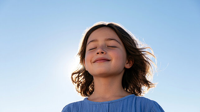 Young girl smiling with eyes closed breathing fresh air under sunny sky