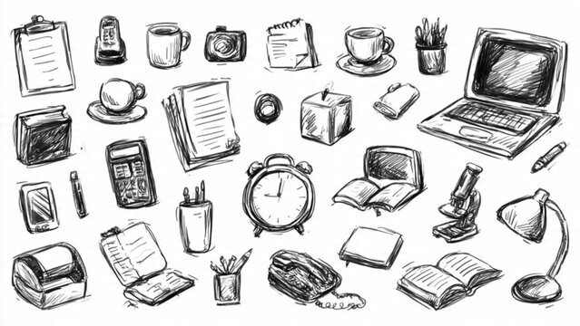 Collection of office supplies and tech items in black and white sketch style for workplace scene