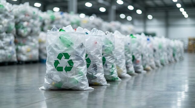 Recycling plastic waste in large transparent bags with green recycle symbol lined up in warehouse storage facility industrial setting clean environment concept.