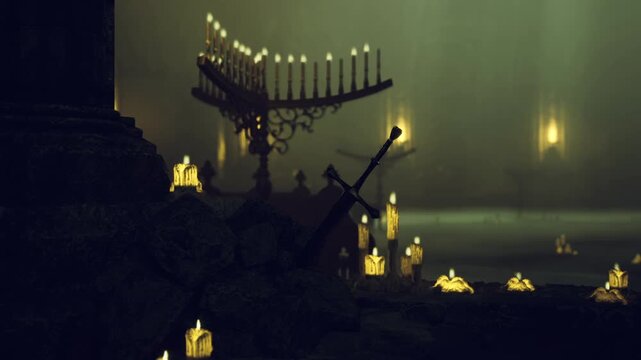 Cathedral interior with towering candelabrum under spotlight beams, sweeping vaults, ornate metalwork catching light, cinematic scale and sacred atmosphere