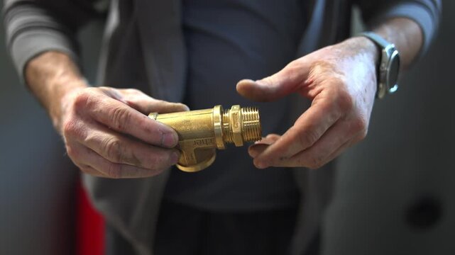 Plumber hands twisting brass pipe fitting