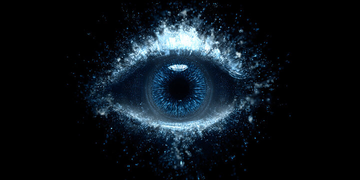 Starry eyes composed of blue aurora-like shimmering particles