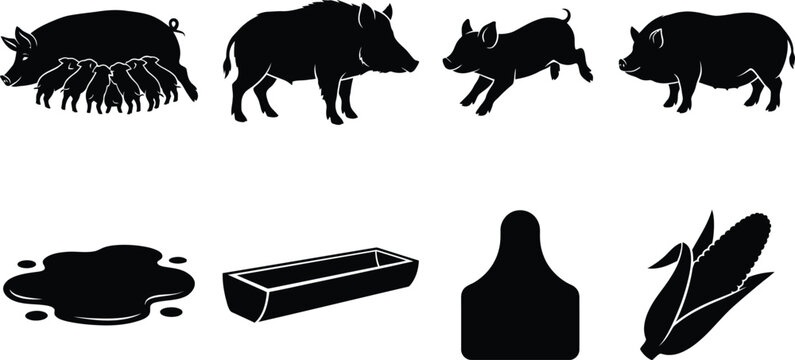 Vector silhouette set of pig farming icons featuring sow, piglets, boar, feeding trough, and corn