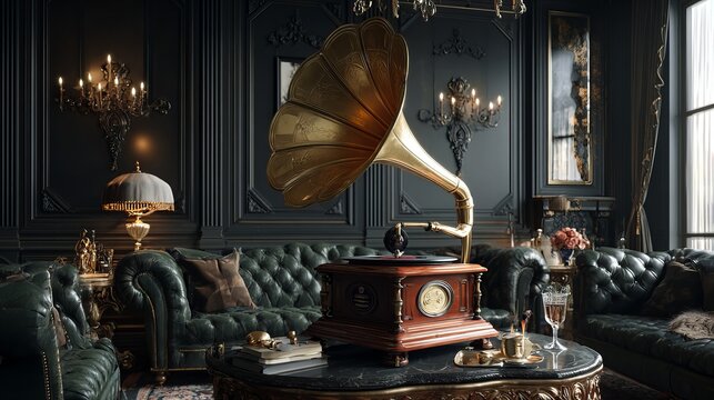 An antique golden gramophone with a wooden base sits elegantly upon a polished black marble table in a dark room