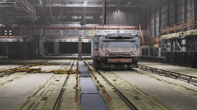 Robotic service vehicle performing diagnostic scan in hangar sensor arrays and cables connect to control consoles, battery chargers and telemetry screens,
