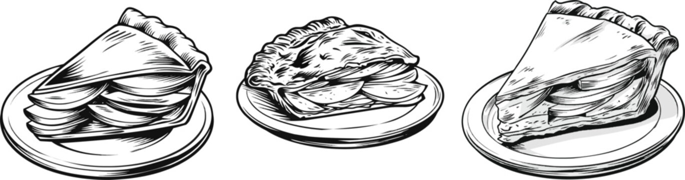 A delectable slice of pie with layered slices inside is presented on a simple plate, depicted in crisp black and white line art with bold black outlines against a pure solid white background