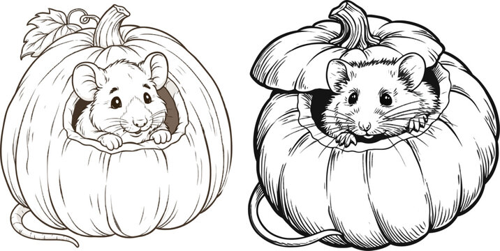 A cute field mouse peeks out from inside a hollowed-out pumpkin, its curious eyes and small ears contrasting against the crisp black and white line art