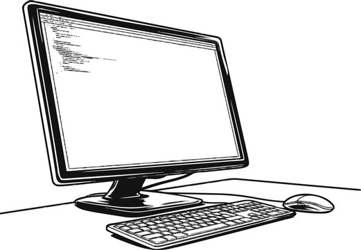 A sleek desktop computer setup with a clean coding screen, keyboard, and mouse, all rendered in bold black lines against a pristine white background