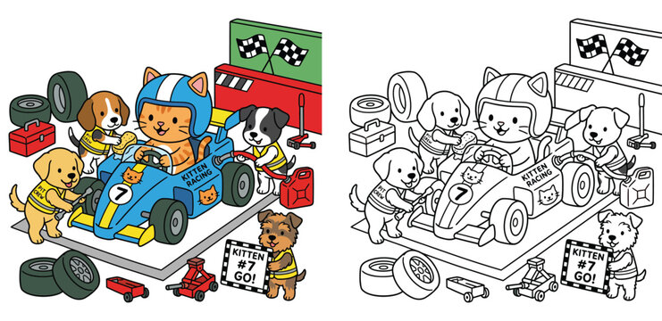 Cartoon Cat Racing Driver and Dog Pit Crew at Pit Stop