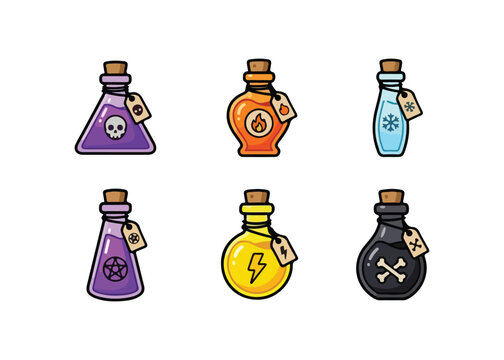 Colorful cartoon potion bottles with various symbols on labels