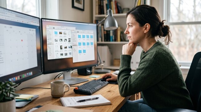 Woman working from home on dual computer monitors with calendar and file explorer open