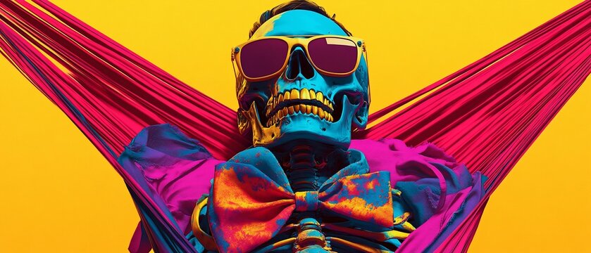 Vibrant skull in a hammock, wearing sunglasses and a tie
