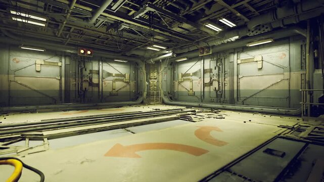 Wide landing pad deck with directional arrow and numbered marking, open industrial floor with reinforced panels, faded paint and scuff marks, peripheral