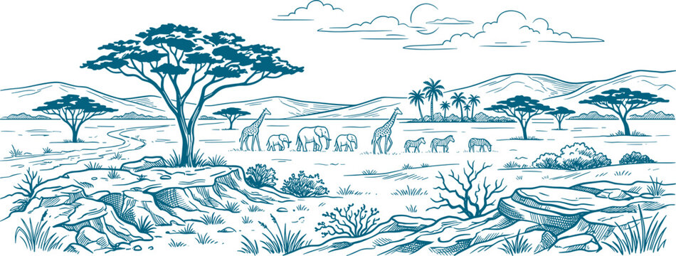 African savanna landscape with giraffes elephants and zebras walking near acacia trees