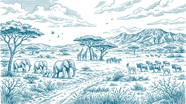 African savanna landscape with elephants giraffes and wildlife line art illustration