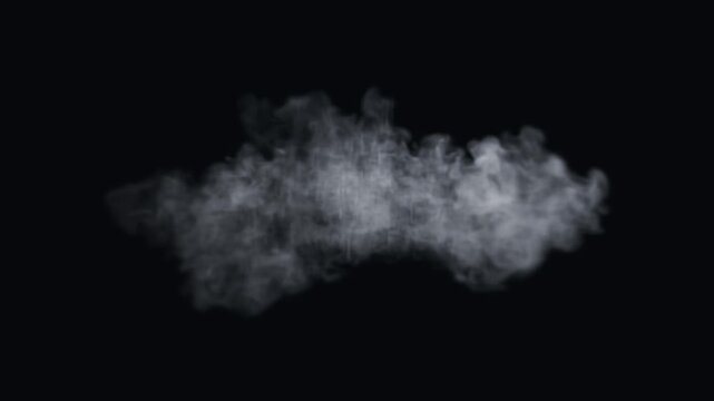 White smoke puff entering from center and drifting like dense fog on a dark background