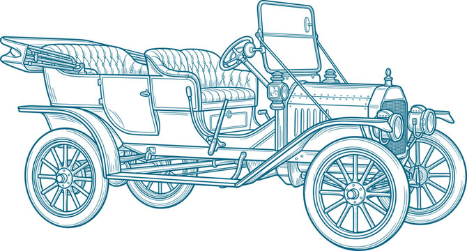 Antique vintage convertible car line art illustration showing retro vehicle with top down