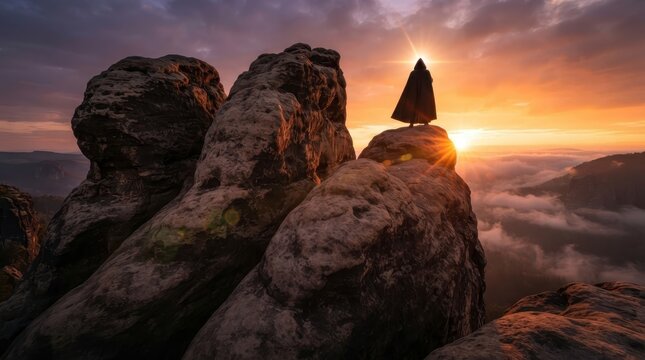 Cloaked figure standing on mountain peak at sunset