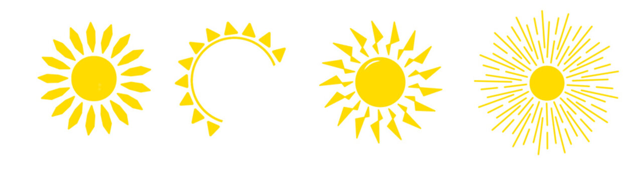 A set of four distinct yellow sun icons and weather symbols featuring various artistic ray styles, isolated on a clean white background, perfect for UI design and weather forecasting applications.