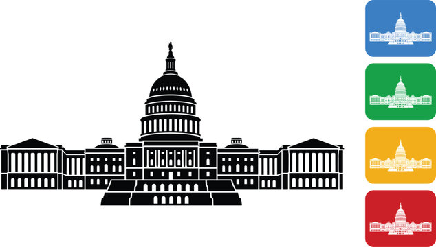 Washington DC Capitol building silhouette vector icon set with colorful rounded square buttons