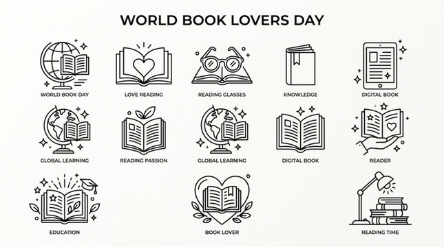World book lovers day icons for reading