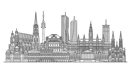 Fototapeta premium Cityscape Sketch: Famous Buildings and Skyline in Detailed Line Art