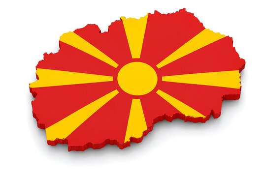 North Macedonia Map with Official National Flag, Realistic 3D Country Shape Isolated on White Background