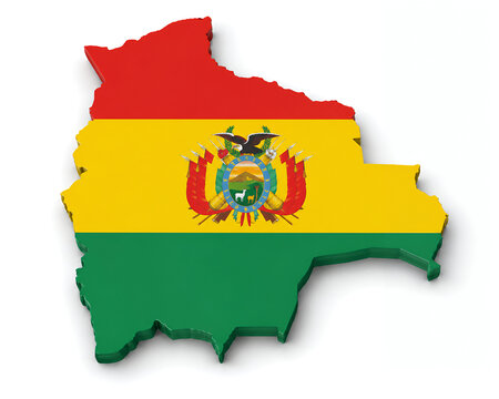 Bolivia Map with Official National Flag, Realistic 3D Country Shape Isolated on White Background