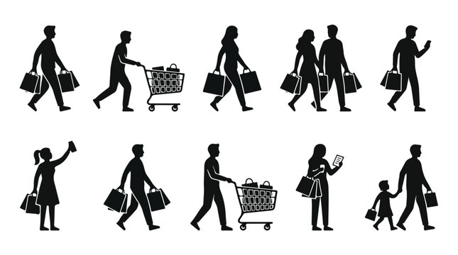 Shopping people silhouettes set, black flat vector icons of customers with shopping bags and carts, retail consumerism and mall lifestyle collection isolated PNG with Transparent Background