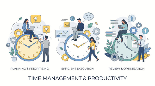 Modern flat illustrations of business people managing tasks on large clocks, representing strategic time allocation and efficiency for corporate presentations, educational materials, and business