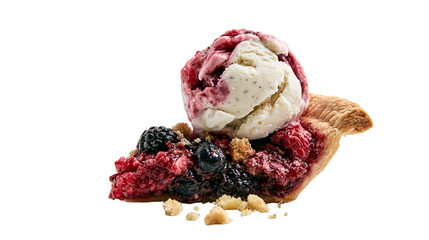 Slice of berry pie with vanilla ice cream, isolated on transparent background © Nina