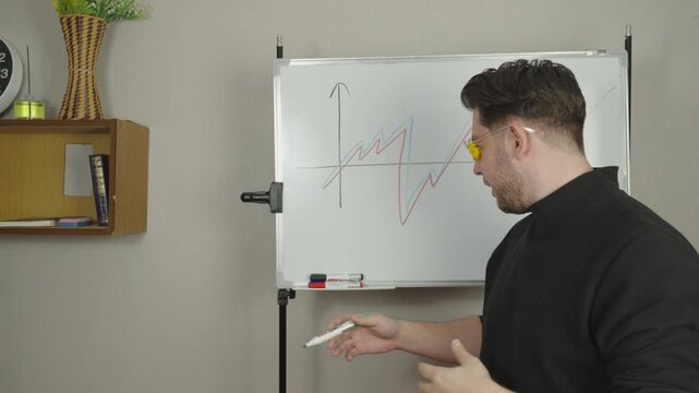 Young businessman with glasses talking near whiteboard
