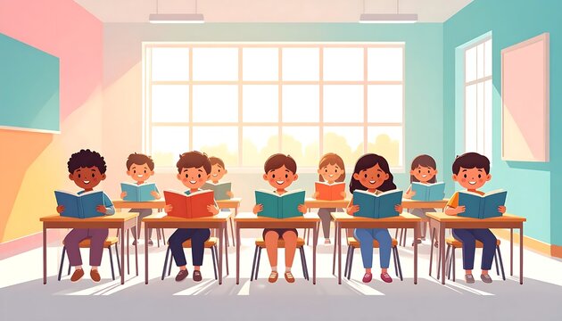 Diverse elementary students reading books in classroom.