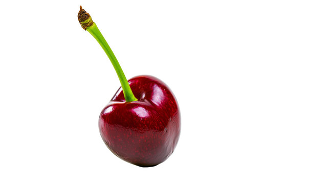 Single ripe dark red cherry with green stem, isolated on transparent background
