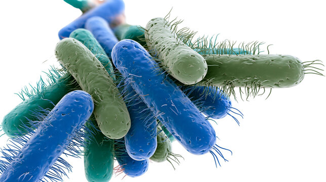 Cluster of blue and green rod-shaped bacteria with flagella, isolated on transparent background