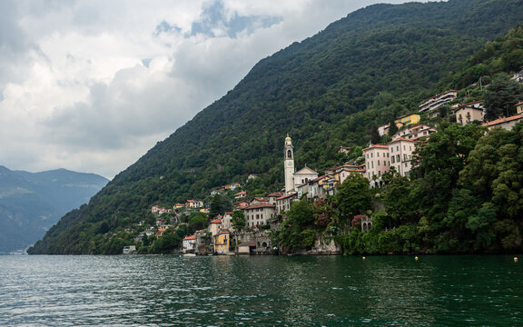 Lakeside Village on Lake Como Viewed from a Boat, Italy