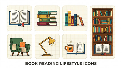 Book reading lifestyle icons with bookshelf chair © Waqas