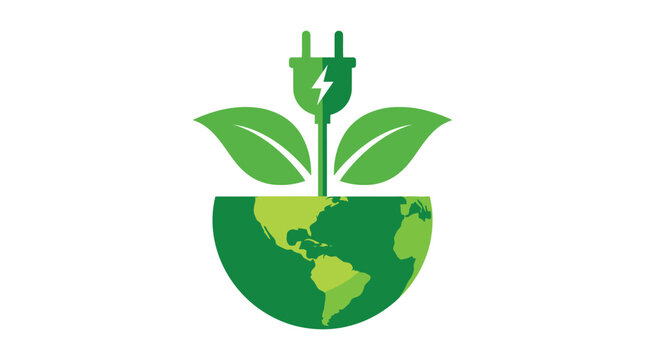 Green energy plug icon featuring vibrant leaves growing out of the globe in flat style