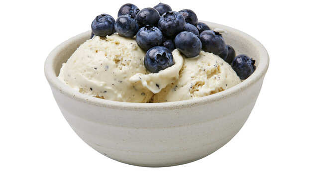 Creamy vanilla bean ice cream scoops topped with fresh blueberries, isolated on transparent background