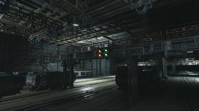 Dark control corridor at night with green indicators, server racks and cable trays, dim backlighting, industrial conduits and quiet maintenance tone