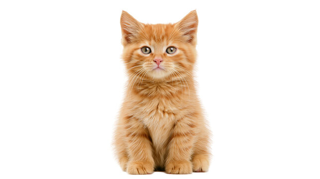 Fluffy ginger kitten sitting attentively, isolated on transparent background
